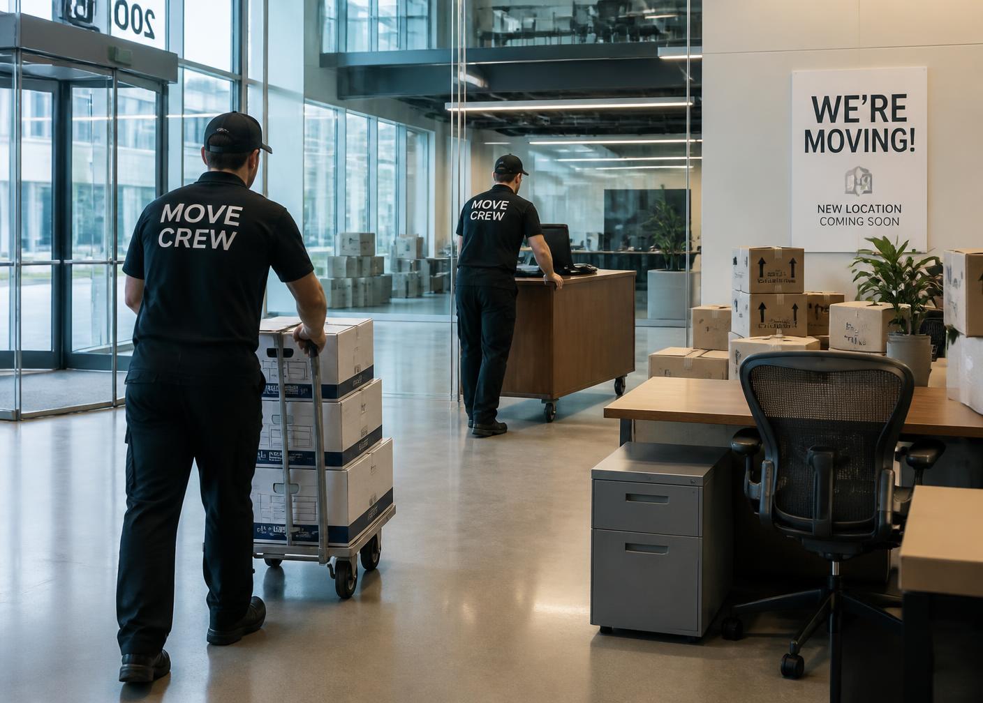 Movers relocating an office with file boxes and desks
